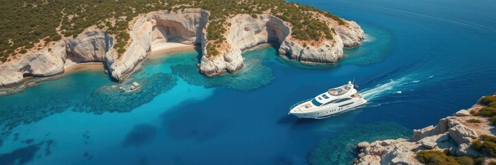 Aerial view of a stunning coastline with a luxury yacht cruising along the shore amidst rocky cliffs and crystal-clear waters, coastline, serene landscape, boat cruise