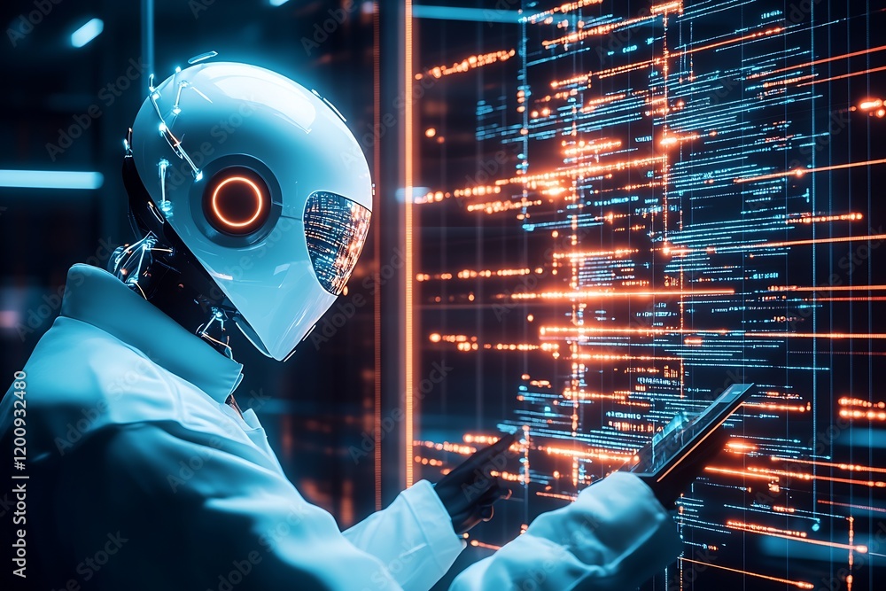 Poster Futuristic Robot Analyzing Digital Data on Transparent Screen Interface : Generative AI