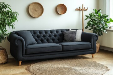 Stylish black fabric sofa with wooden legs in Scandinavian-inspired entrance hall. Modern living room with rug and coat rack.