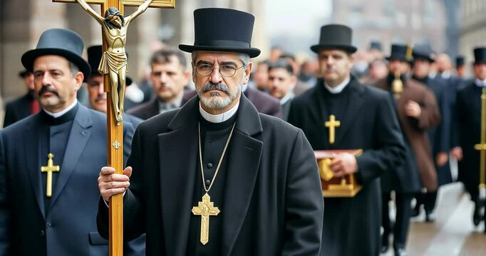 Funeral Procession Led by Priest Carrying Crucifix