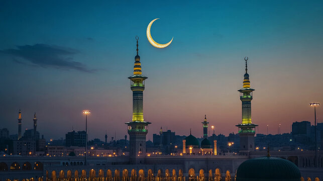Islam religion sacred Quran book, Kaaba building of Mecca mosque, crescent moon and star vector posters of Muslim religious architecture or culture. Arabic courses, religious travel, pilgrimage design
