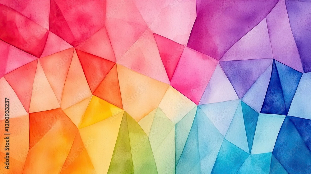 Poster Geometric watercolor concept. Vibrant geometric watercolor background with colorful triangular shapes and patterns.