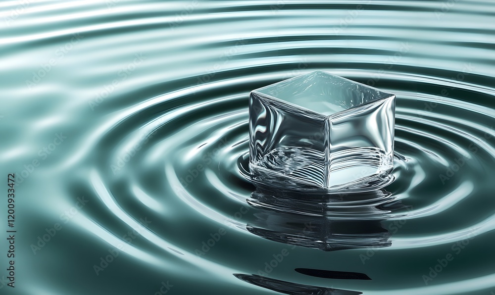 Poster Ice cube floating in water, creating ripples.