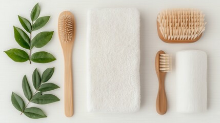 Centella Asiatica oil extract. Natural grooming tools arranged with greenery on a light surface.