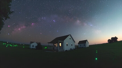 Milky Way over rural houses, night sky, glowing lights, farmland, astrophotography
