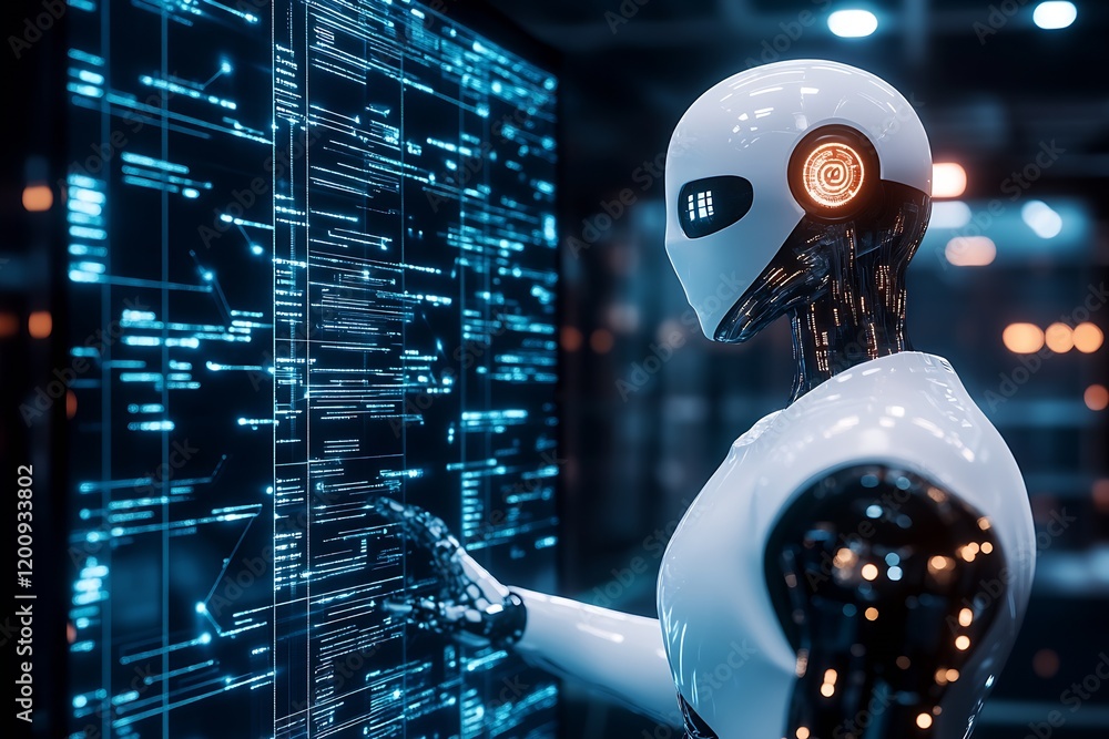 Poster Futuristic Robot with Digital Display Interface in Technology Hub : Generative AI