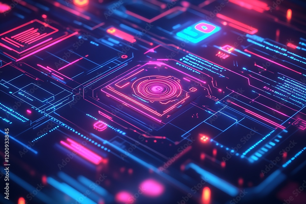 Aufkleber Futuristic Neon Circuit Board with Digital Interface Elements in Blue and Pink Lighting : Generative AI