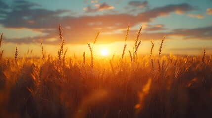 Vibrant summer sunset over a lush field with golden wheat swaying in a gentle breeze