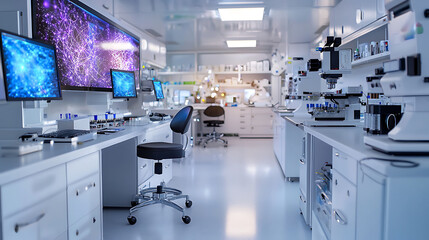 modern laboratory with advanced equipment, computers, and workstations. space is well lit and organized, showcasing high tech environment