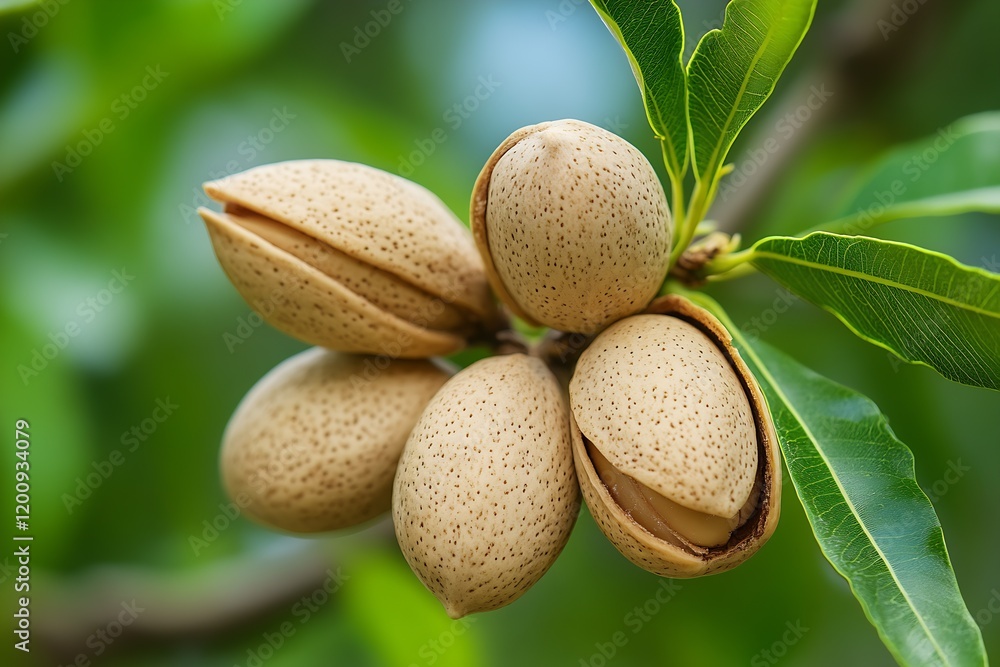 Poster closeup of ripe almond nuts on tree branch with green leaves in natural sunlight : generative ai