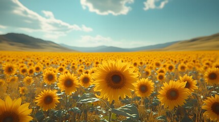 Fototapeta premium Blooming sunflower fields under a vast blue sky, symbolizing the warmth of summer