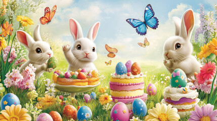 Happy Easter egg hunt, vector cartoon bunnies, painted eggs and cakes on meadow with flowers, green grass blades and butterflies. Easter holidays postcards with cute rabbits and festive decoration