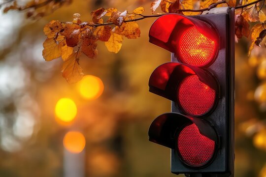 A close-up of a red traffic light contrasting beautifully with the warm hues of autumn leaves.