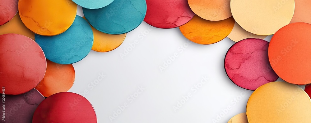 Poster geometric watercolor concept. vibrant circular paper cutouts arranged creatively on a blank backgrou