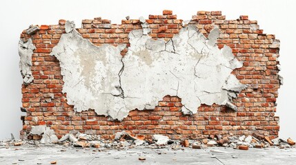 Broken brick wall studio; demolition debris; white background; design