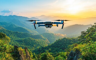 Fototapeta premium Drone flying over lush green mountain range at sunset.