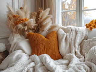 Cozy Living Space with Warm Cushion and Decorative Dried Flowers