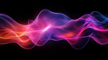In a darkened space, luminous waves of neon colors intertwine, creating dynamic patterns that pulse and shift like a living canvas. The artistic display captivates with its radiant movement