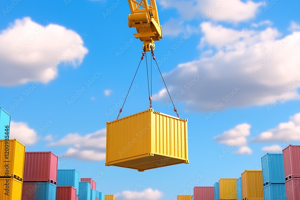 Poster yellow shipping container hoisted by crane against blue sky with clouds : generative ai