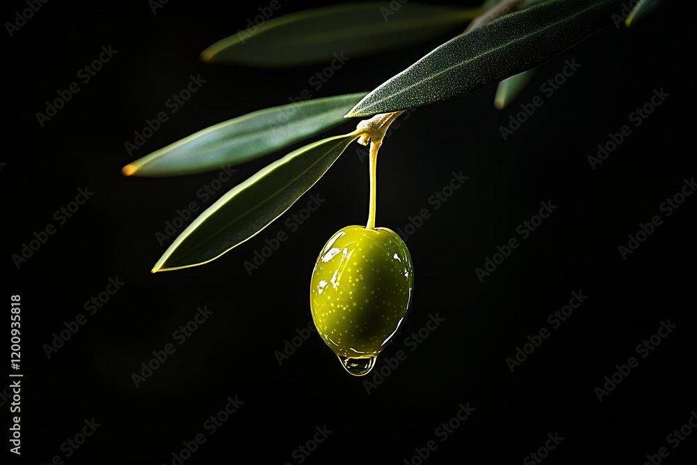 Aufkleber Macro View of Single Olive on Tree Branch with Water Drop Against Black Background : Generative AI