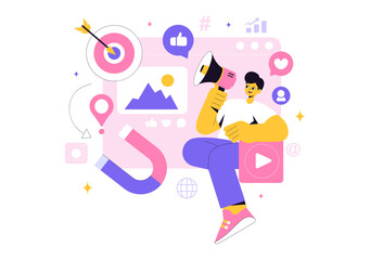 Social Media Marketing Illustration Featuring a Digital Marketing, Boosting Online Likes, Comments, and Followers Growth Through Internet Content