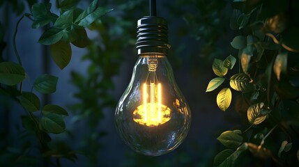 Glowing bulb, foliage backdrop, night, garden, idea