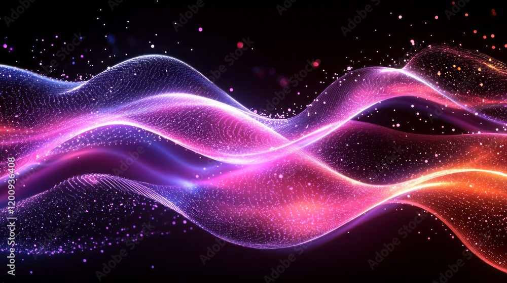 Aufkleber A mesmerizing display of glowing neon wave patterns dances across a dark background, creating a harmonious blend of colors. The radiant hues shift and flow, evoking a sense of energy and tranquility