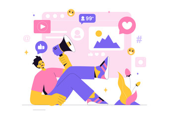 Social Media Marketing Illustration Featuring a Digital Marketing, Boosting Online Likes, Comments, and Followers Growth Through Internet Content