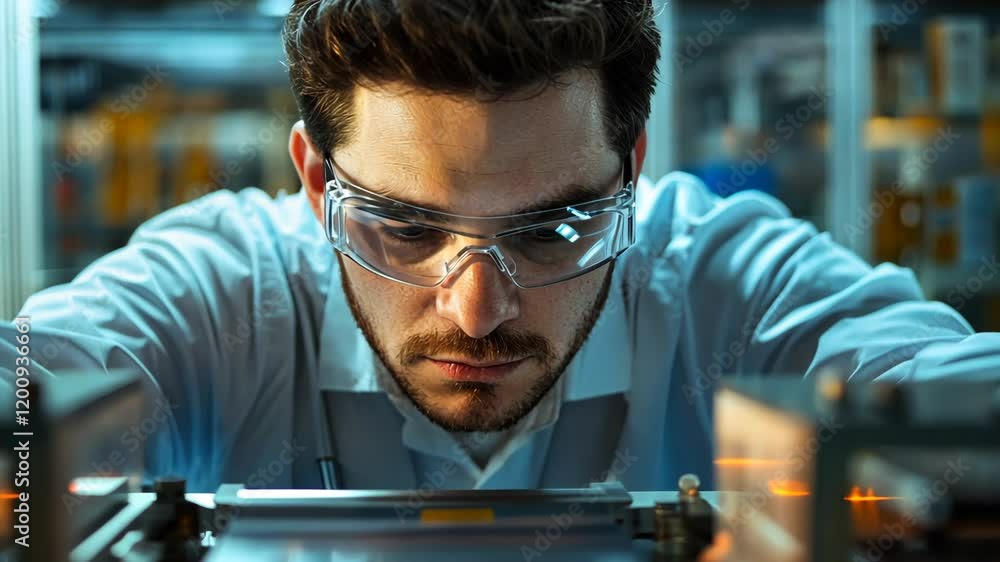Poster scientist focused on research and development in a high-tech laboratory setting during a late aftern