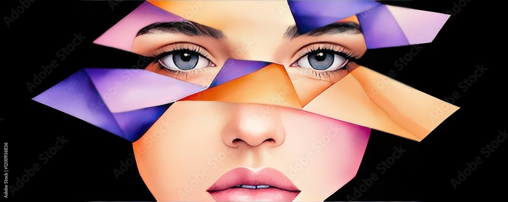 Poster geometric watercolor concept. a stunning abstract representation of identity through fragmented faci