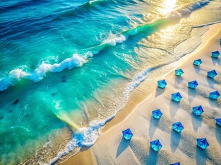 Fototapeta premium Aerial Drone Shot of Sparkling Blue Diamonds Scattered on Pristine White Sand Beach