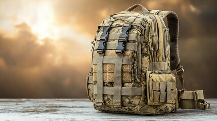 Camo backpack sunset outdoor adventure travel