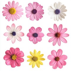 Nine daisies, isolated, white background, design element