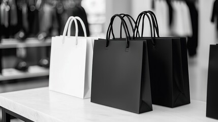 Elegant Black and White Shopping Bags on Marble Counter in a Boutique
