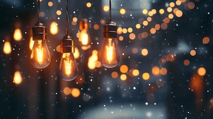Obraz premium Illuminated Vintage Bulbs Hanging In Snowy Winter Night