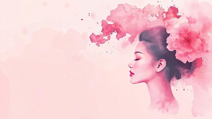 Fototapeta premium Light pink watercolor idea. Elegant portrait blending beauty and floral elements, symbolizing tranquility and grace.