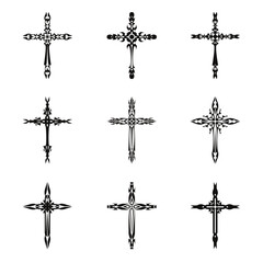 Fototapeta premium Christian cross vector icon symbols. Abstract christian religious belief or faith art illustration for orthodox or catholic design. The symbol of the cross in various designs used in tattoo.