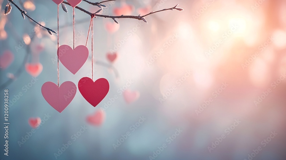 Poster a whimsical scene of paper hearts hanging from tree branches with soft sunlight filtering through, r