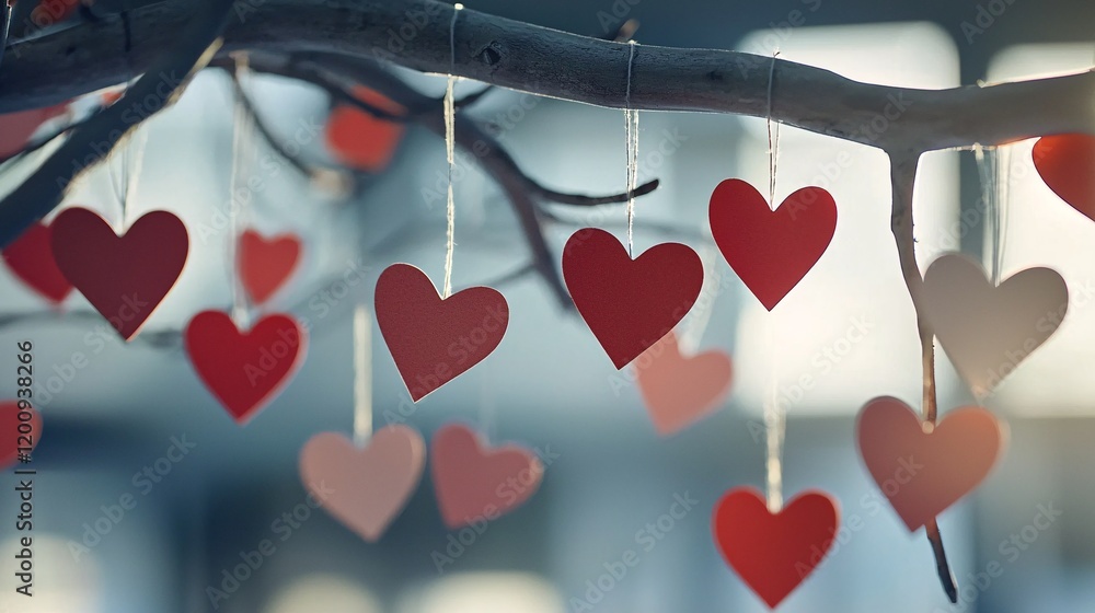 Aufkleber a whimsical scene of paper hearts hanging from tree branches with soft sunlight filtering through, r