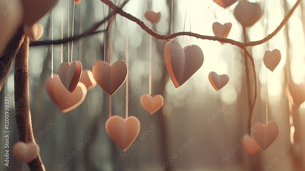 Poster a whimsical scene of paper hearts hanging from tree branches with soft sunlight filtering through, r