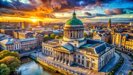 Aerial Drone View of Dublin's Four Courts, Macro Architectural Detail, Ireland