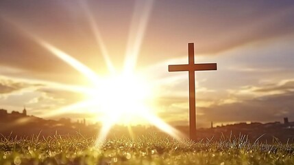 Fototapeta premium Cross at Sunset Capturing Spiritual Essence, Cross silhouetted at sunset concept.