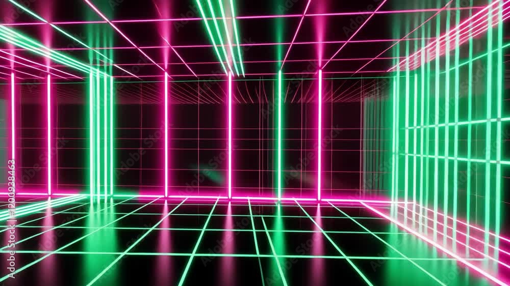 Aufkleber vibrant neon lit space with geometric patterns creating a futuristic digital ambiance, emphasizing r