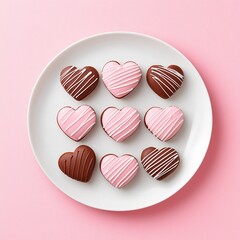 Obraz premium Heart-shaped cookies arranged on a plate, Valentine's Day sweets with colorful icing, surrounded by red and pink decor, festive and cheerful, perfect stock photo look, no trademarks, no watermark