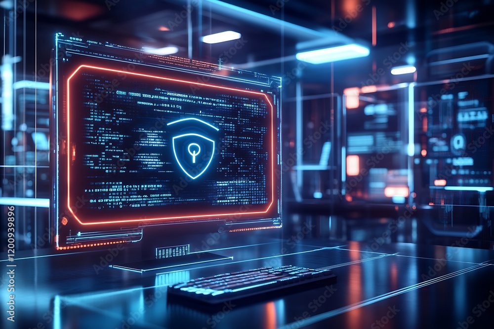 Aufkleber Secure Network Monitor Displaying Cyber Protection on Futuristic Screen : Generative AI