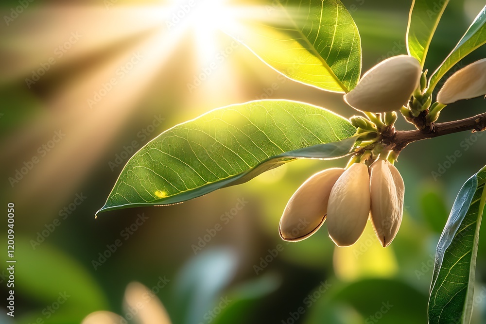 Poster sunburst illuminating beautiful green magnolia leaves in calm natural setting : generative ai
