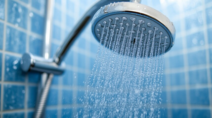 A modern shower head with water droplets