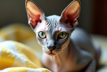Close-up of a Sphynx cat with green eyes and large ears