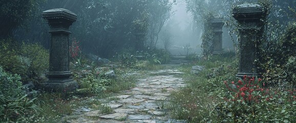 Fototapeta premium Misty forest path with ancient stone pillars and red flowers.