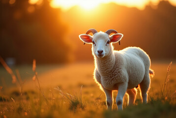 Obraz premium Young ram in golden light